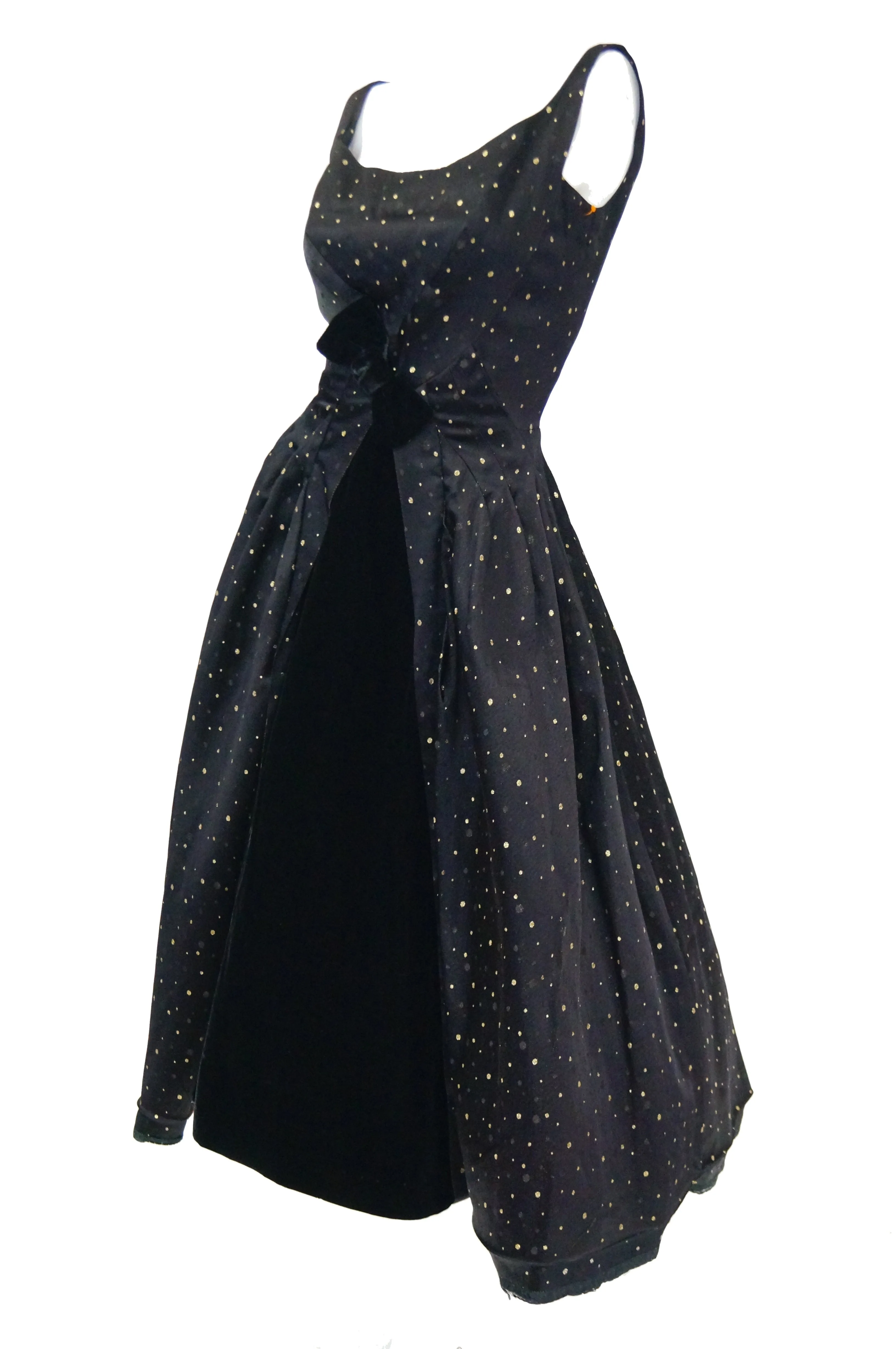 1950s Suzy Perette Black and Gold New Look Evening Dress with Shimmer Dot and