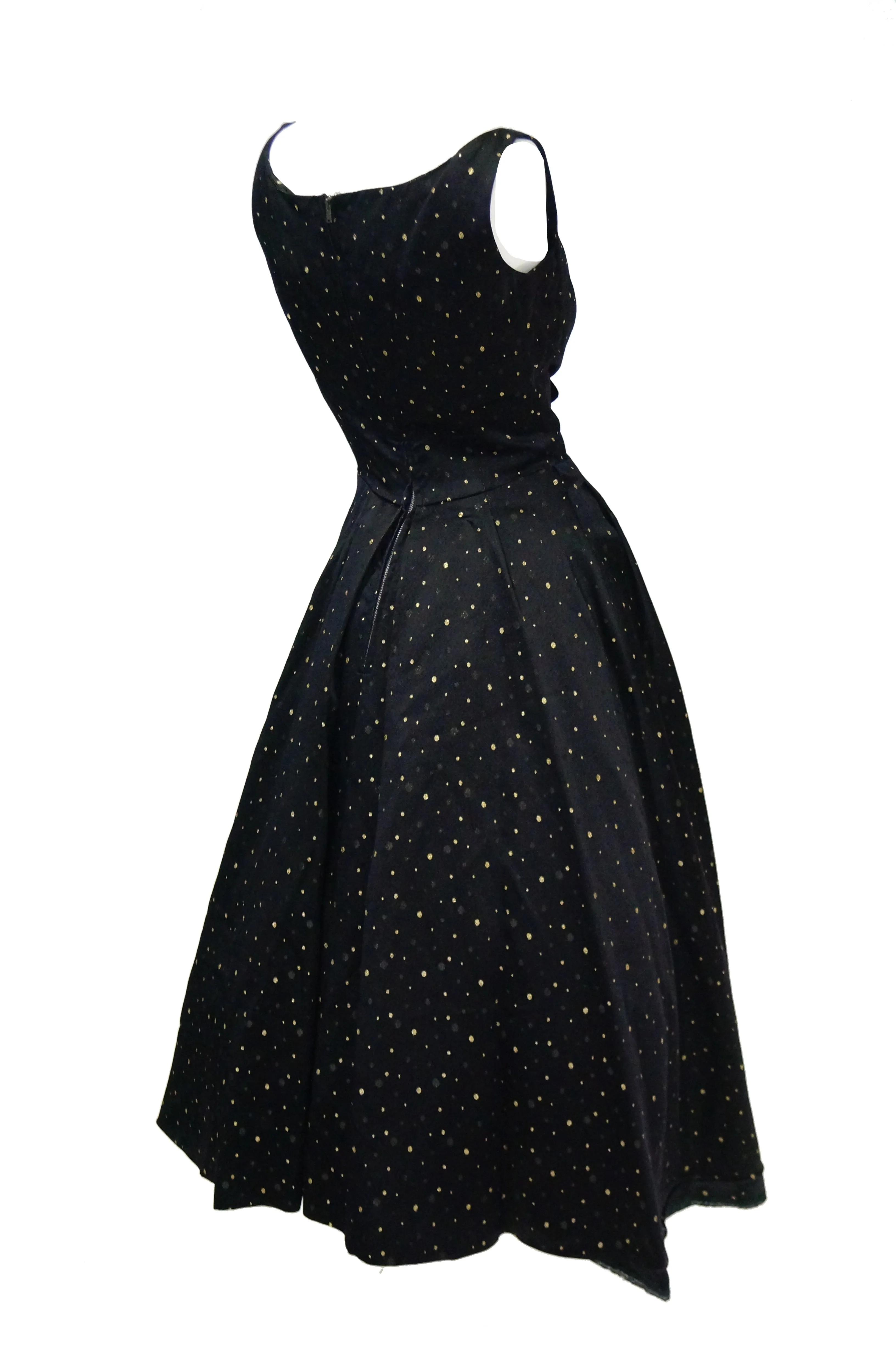 1950s Suzy Perette Black and Gold New Look Evening Dress with Shimmer Dot and