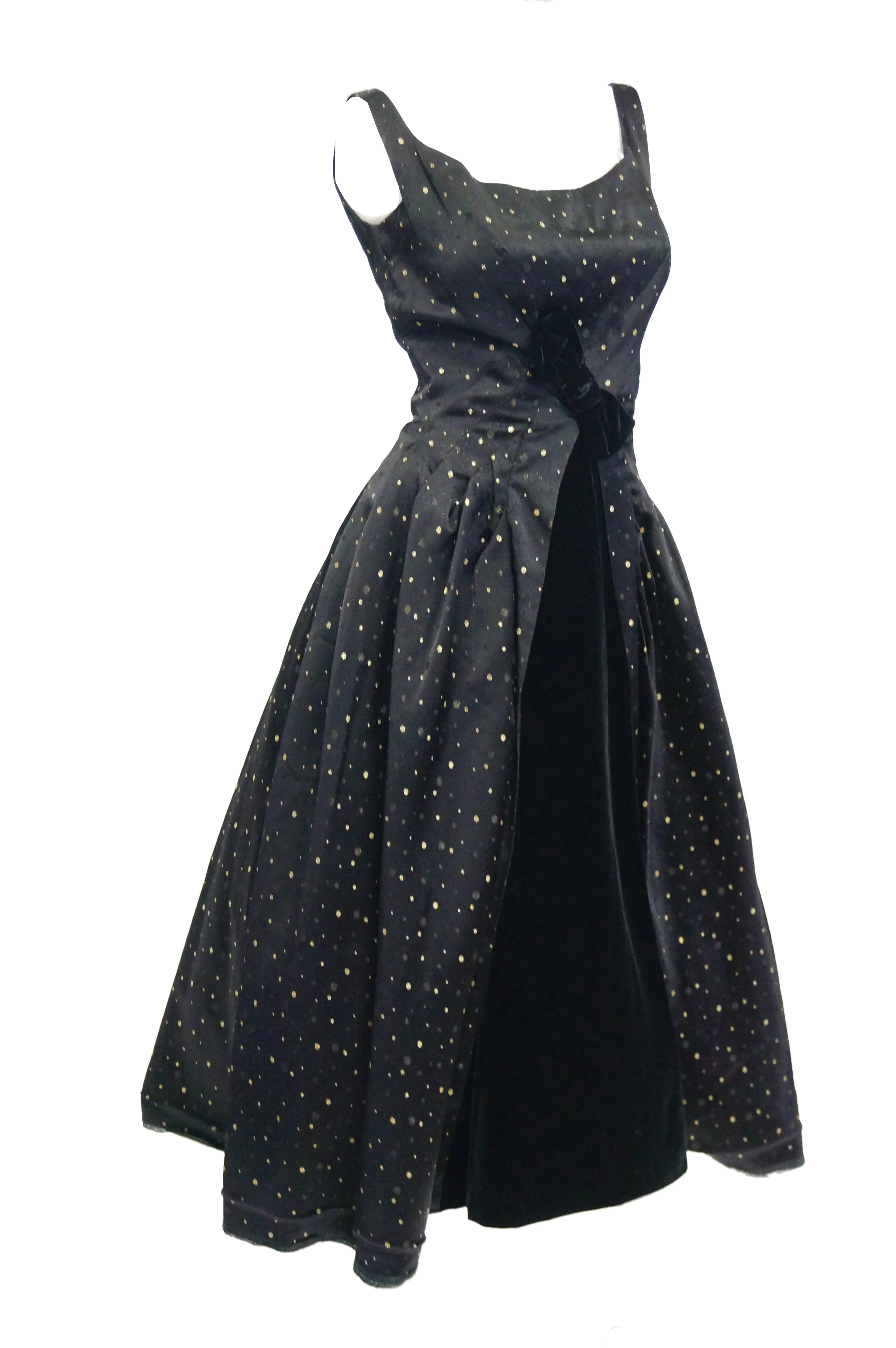 1950s Suzy Perette Black and Gold New Look Evening Dress with Shimmer Dot and