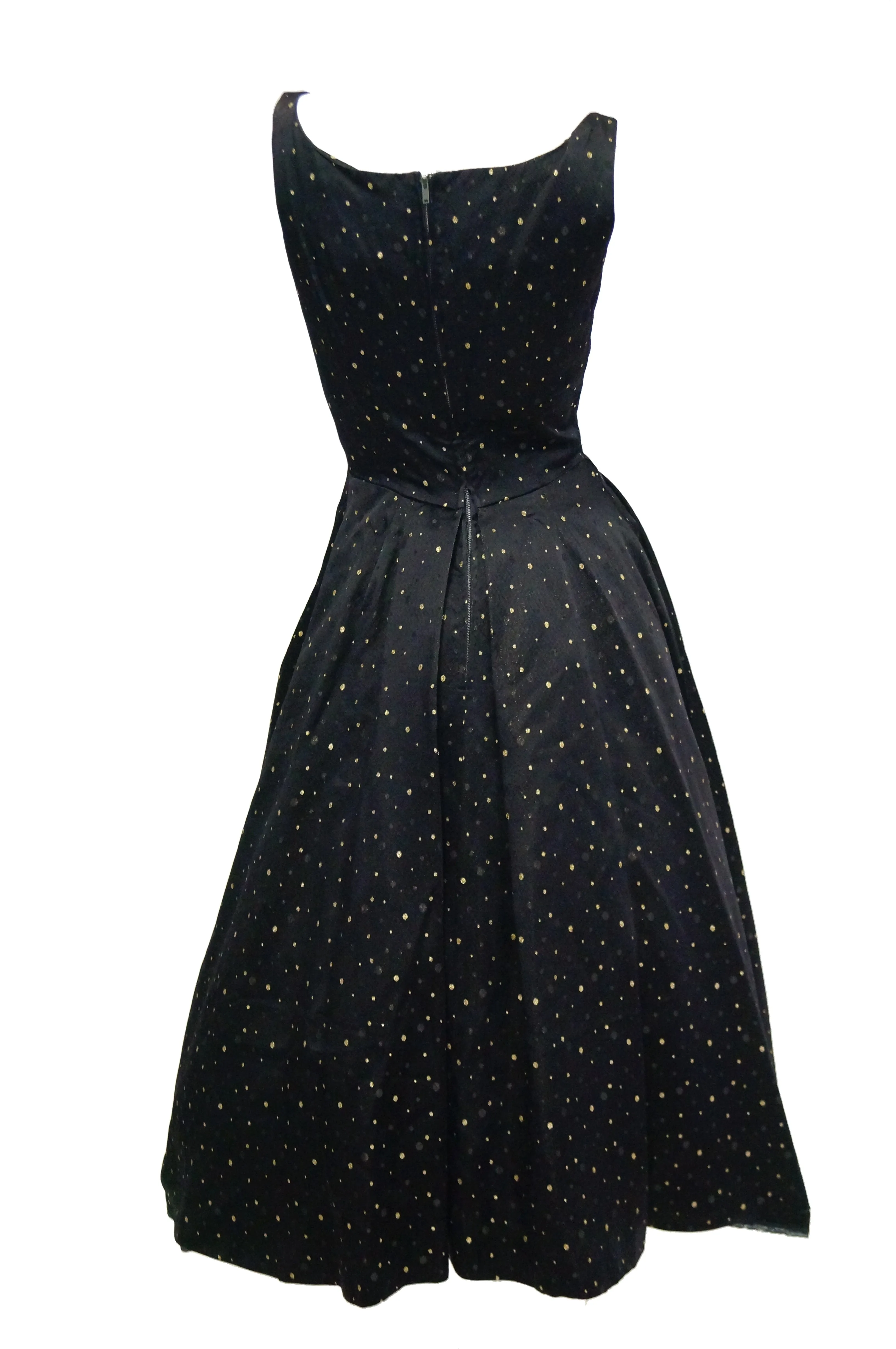 1950s Suzy Perette Black and Gold New Look Evening Dress with Shimmer Dot and