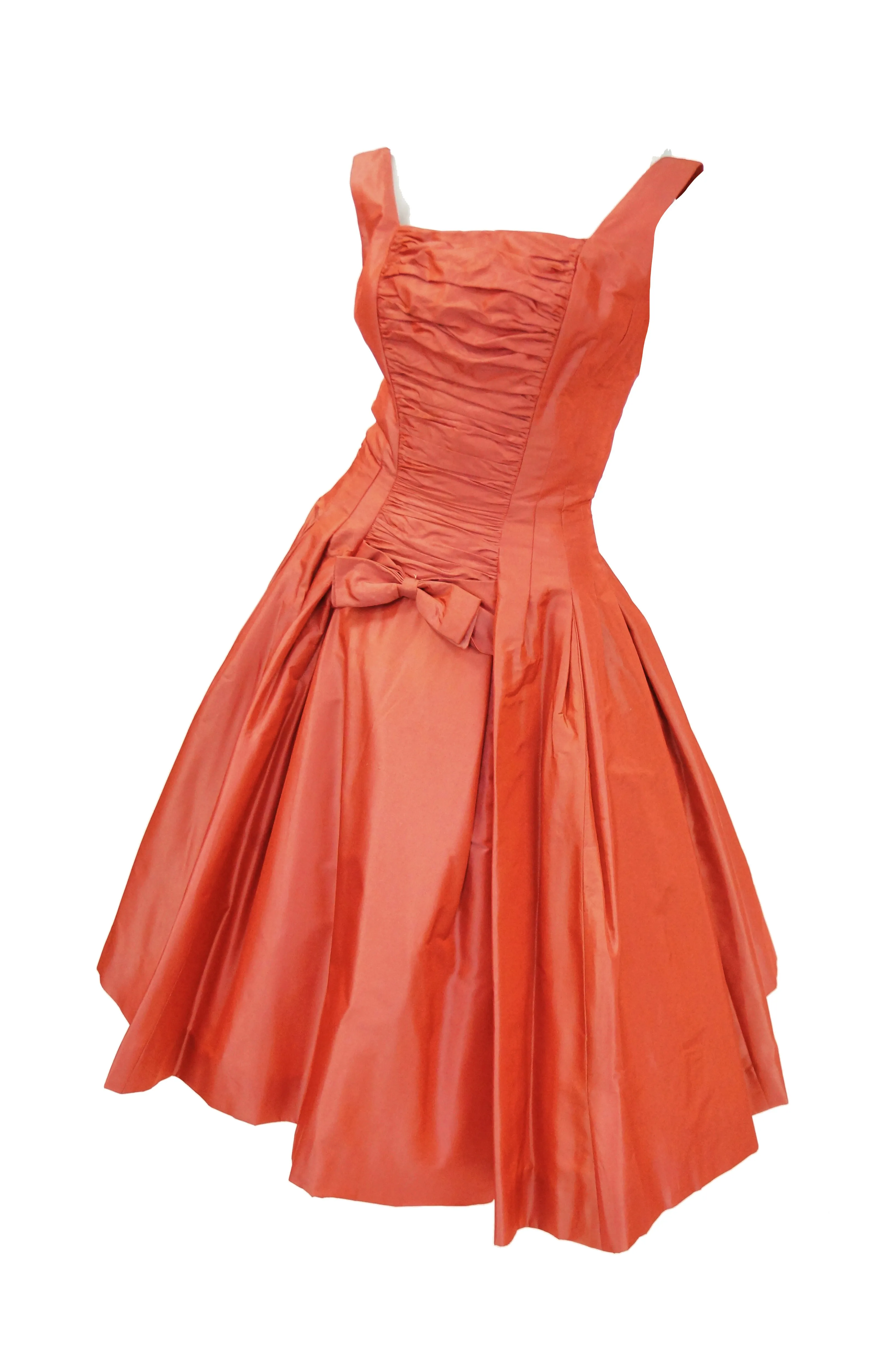 1950s Suzy Perette Red Charmeuse Satin New Look Evening Dress with Bow Detail