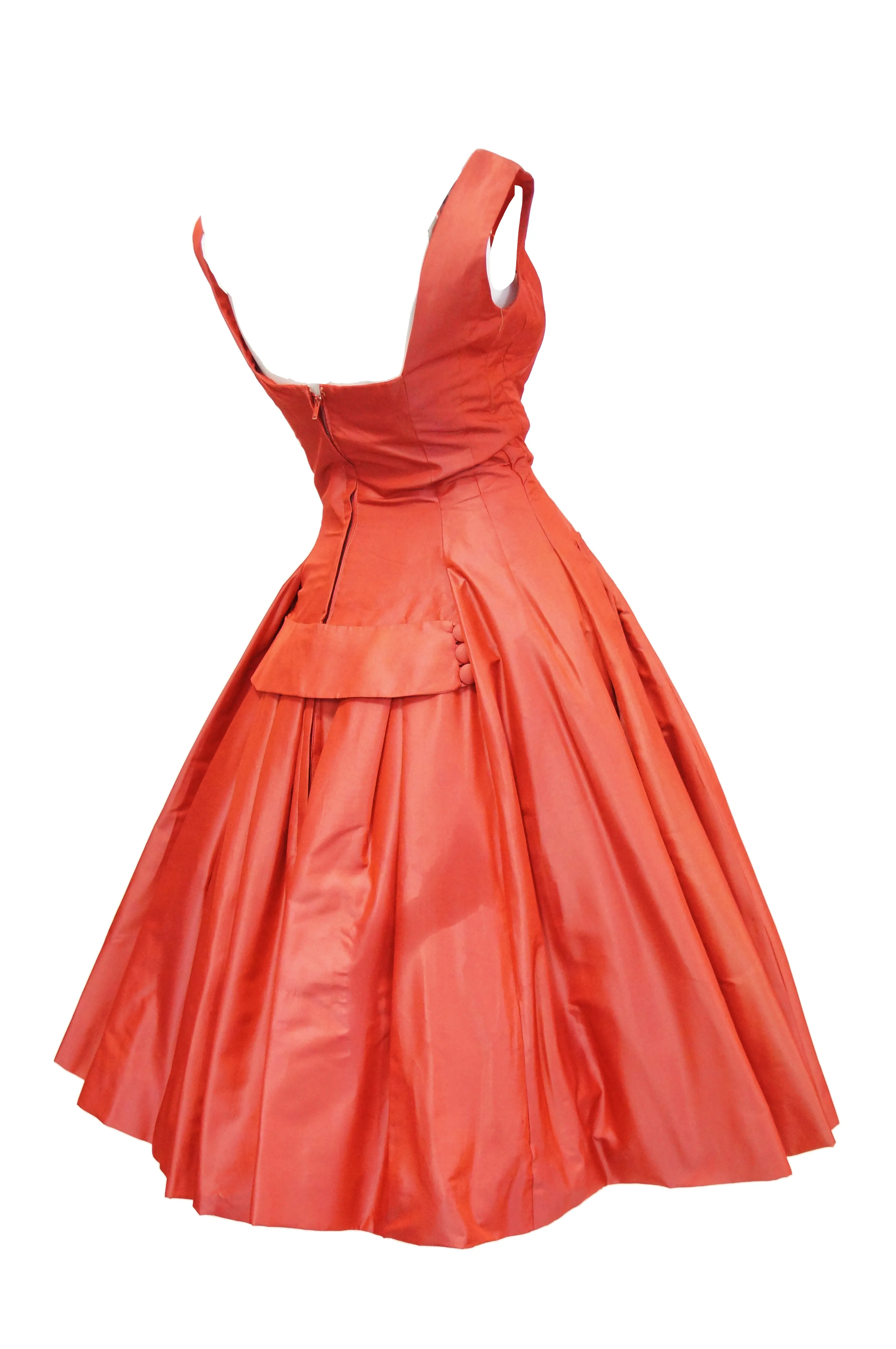 1950s Suzy Perette Red Charmeuse Satin New Look Evening Dress with Bow Detail