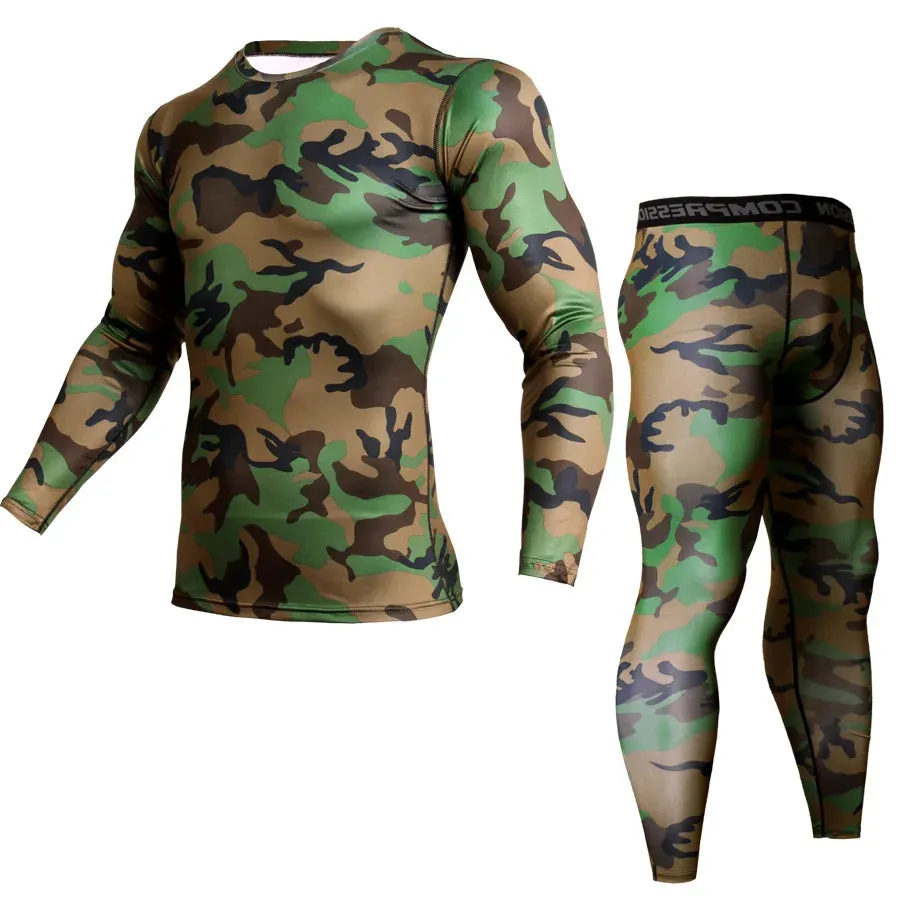 2 Piece Tracksuit Men Compression MMA Long sleeve t shirt Rashgard kit Camouflage  Sweatshirt leggings Fitness Thermal underwear