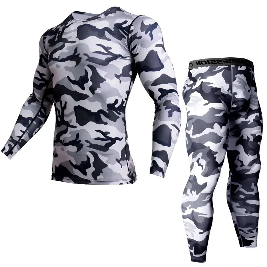 2 Piece Tracksuit Men Compression MMA Long sleeve t shirt Rashgard kit Camouflage  Sweatshirt leggings Fitness Thermal underwear