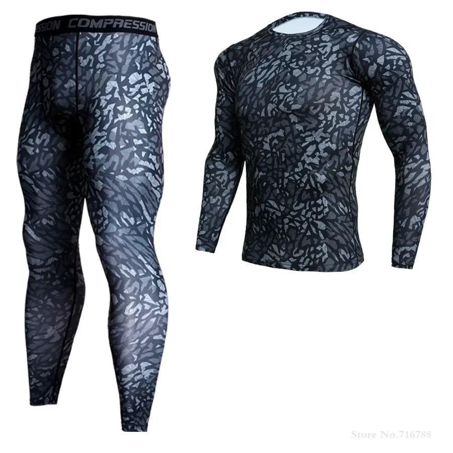 2 Piece Tracksuit Men Compression MMA Long sleeve t shirt Rashgard kit Camouflage  Sweatshirt leggings Fitness Thermal underwear