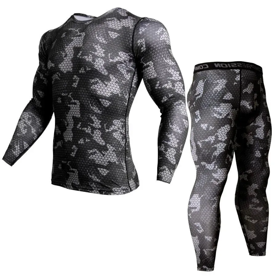 2 Piece Tracksuit Men Compression MMA Long sleeve t shirt Rashgard kit Camouflage  Sweatshirt leggings Fitness Thermal underwear