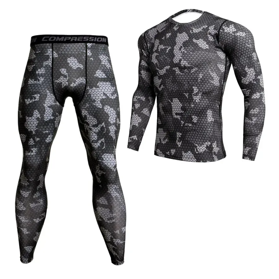 2 Piece Tracksuit Men Compression MMA Long sleeve t shirt Rashgard kit Camouflage  Sweatshirt leggings Fitness Thermal underwear