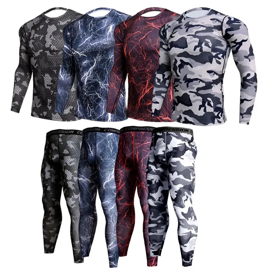 2 Piece Tracksuit Men Compression MMA Long sleeve t shirt Rashgard kit Camouflage  Sweatshirt leggings Fitness Thermal underwear