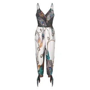 2021 New Style Women Sexy Jumpsuit With Slit Design Printed Pattern Deep V-neck Sleeveless Overalls With Waistband