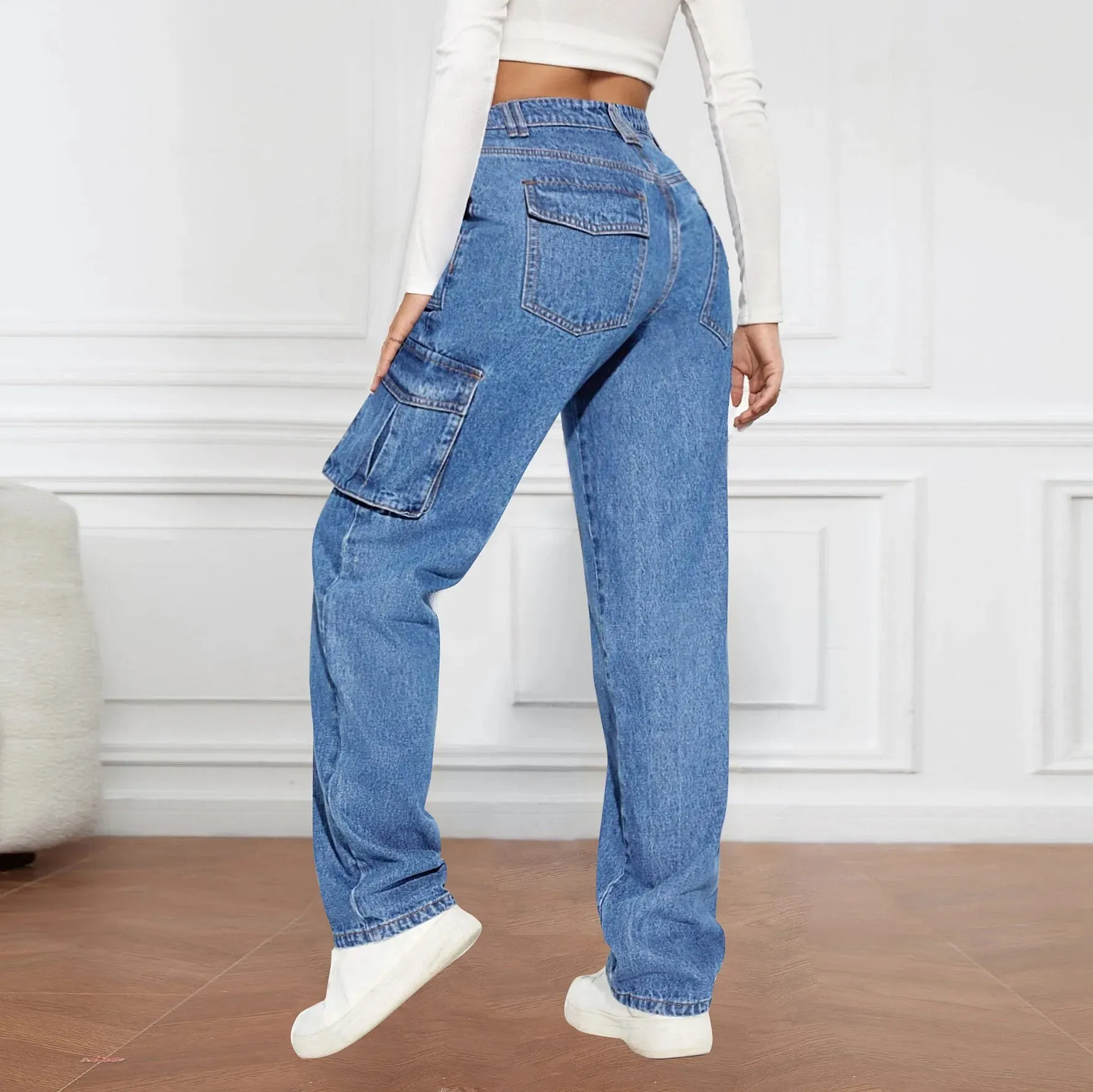 2024 Blue Autumn Cargo Women High Waist Button Pocket Loose Denim Pants High Quality Fashion Female Cowboy Jeans