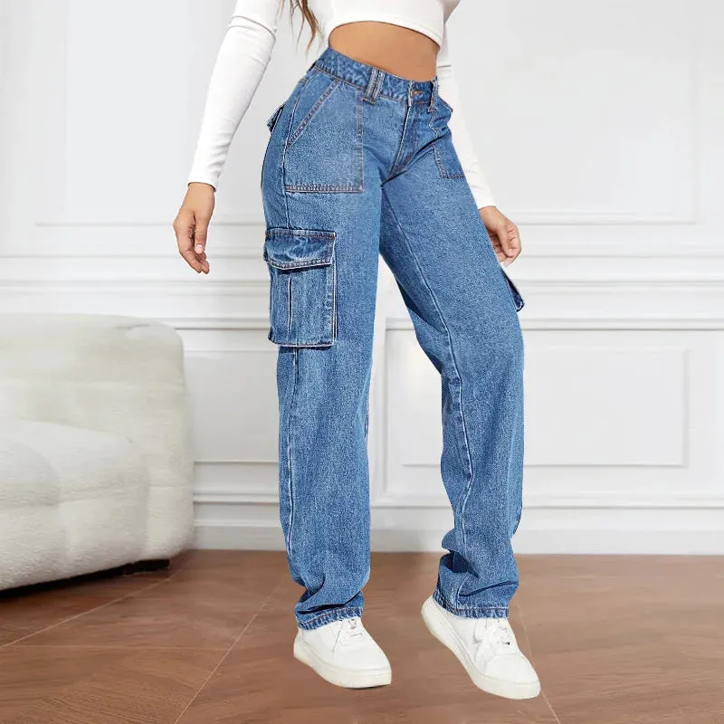 2024 Blue Autumn Cargo Women High Waist Button Pocket Loose Denim Pants High Quality Fashion Female Cowboy Jeans