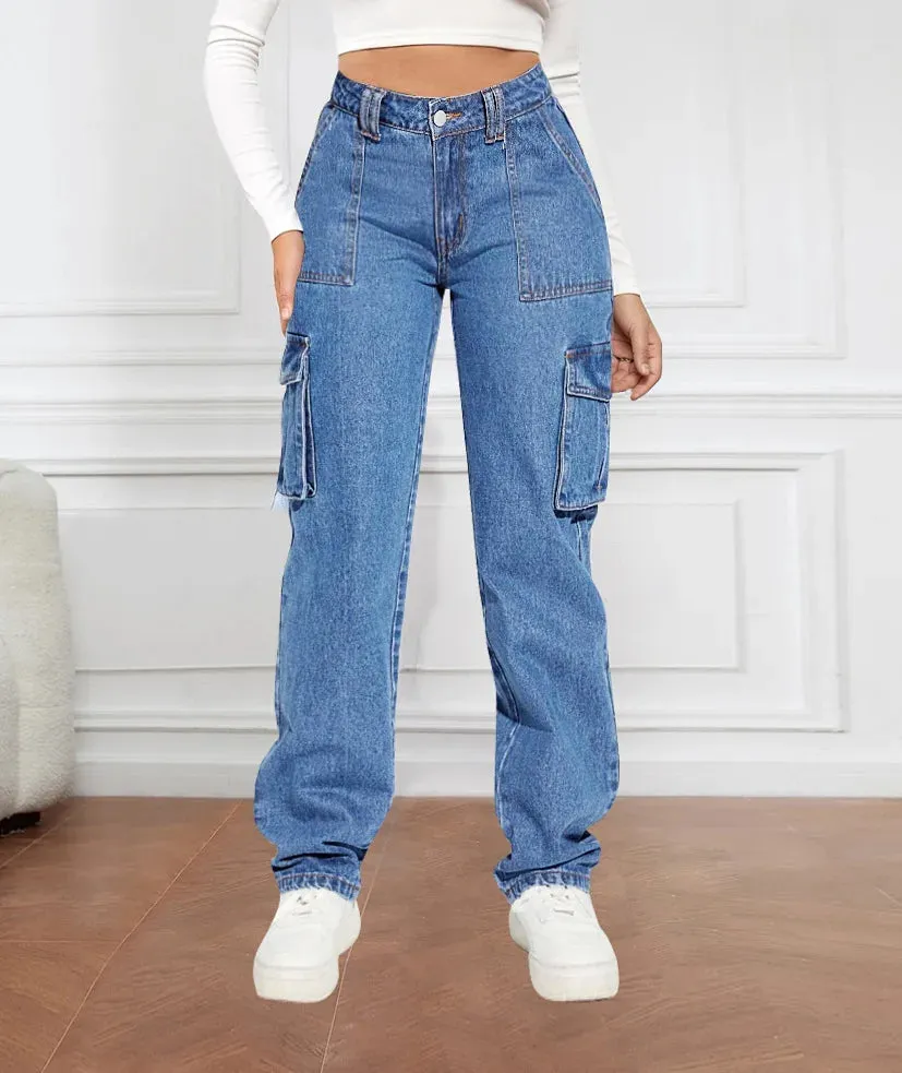 2024 Blue Autumn Cargo Women High Waist Button Pocket Loose Denim Pants High Quality Fashion Female Cowboy Jeans