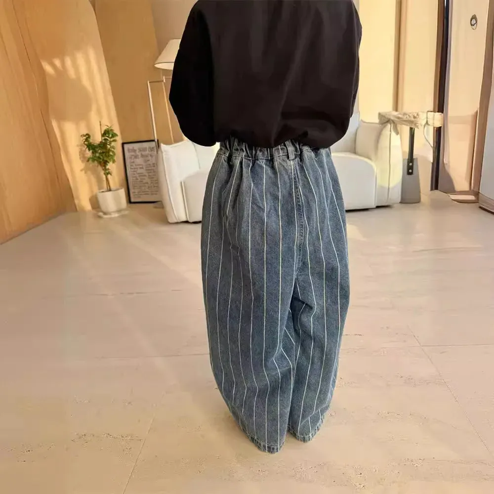 2024 Spring Summer Kids jeans fashion Boys Vertical stripes denim wide leg pants Girls loose casual Trousers