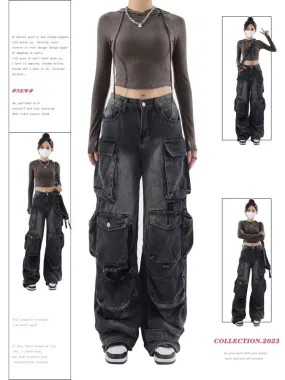 Aiertu Women's Black Gothic Baggy Cargo Jeans Vintage Emo 2000s Y2k Harajuku Denim Trouser Korean 90s High Waist Cowboy Pants Clothes