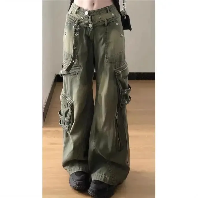 Amozae-Cargo Jeans Loose Retro Washed Streetwear Women Zipper Baggy Pants Hiphop Straight Pants Multi-Pocket Wide Leg Jeans Women