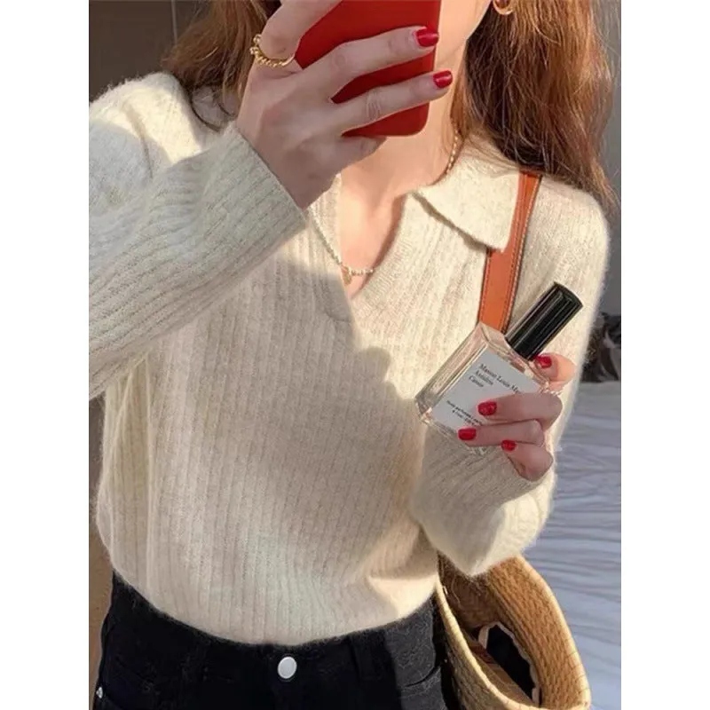 Amozae fall outfits women Japanese Style Retro Polo Collar Sweater for Women Autumn and Winter New Design Soft Glutinous Bottoming Sweater Inner Top