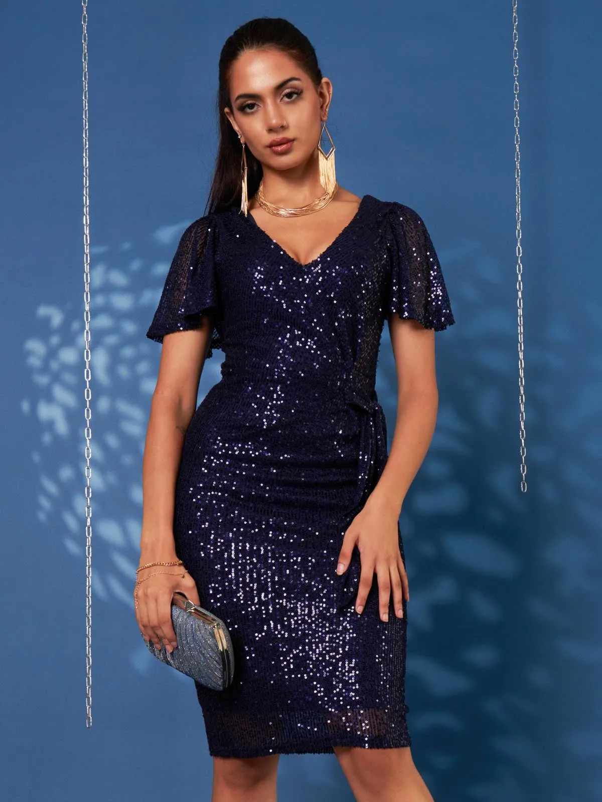 Angel Sleeve Sequin Pencil Dress, Navy