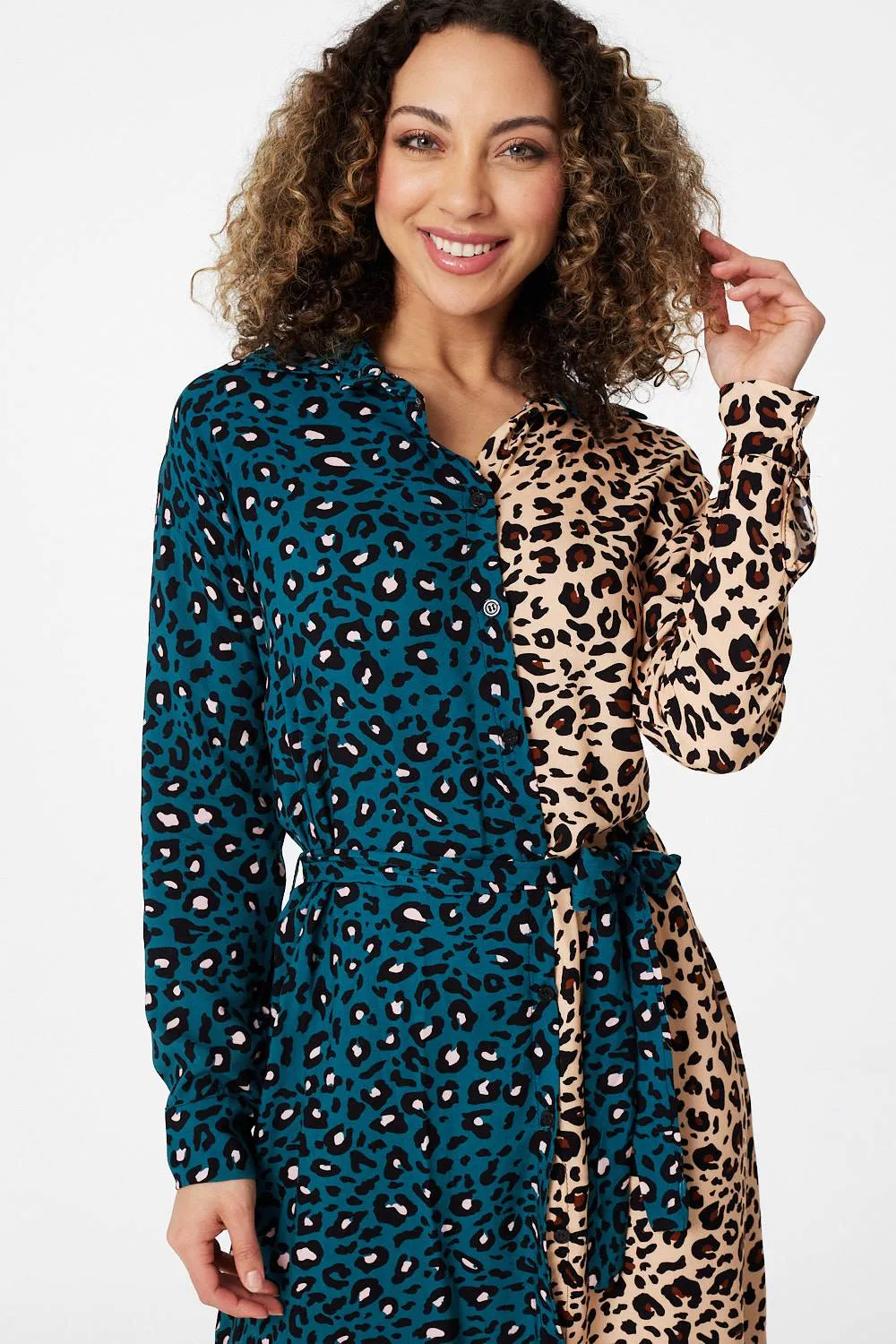 Animal Print Colour Block Shirt Dress