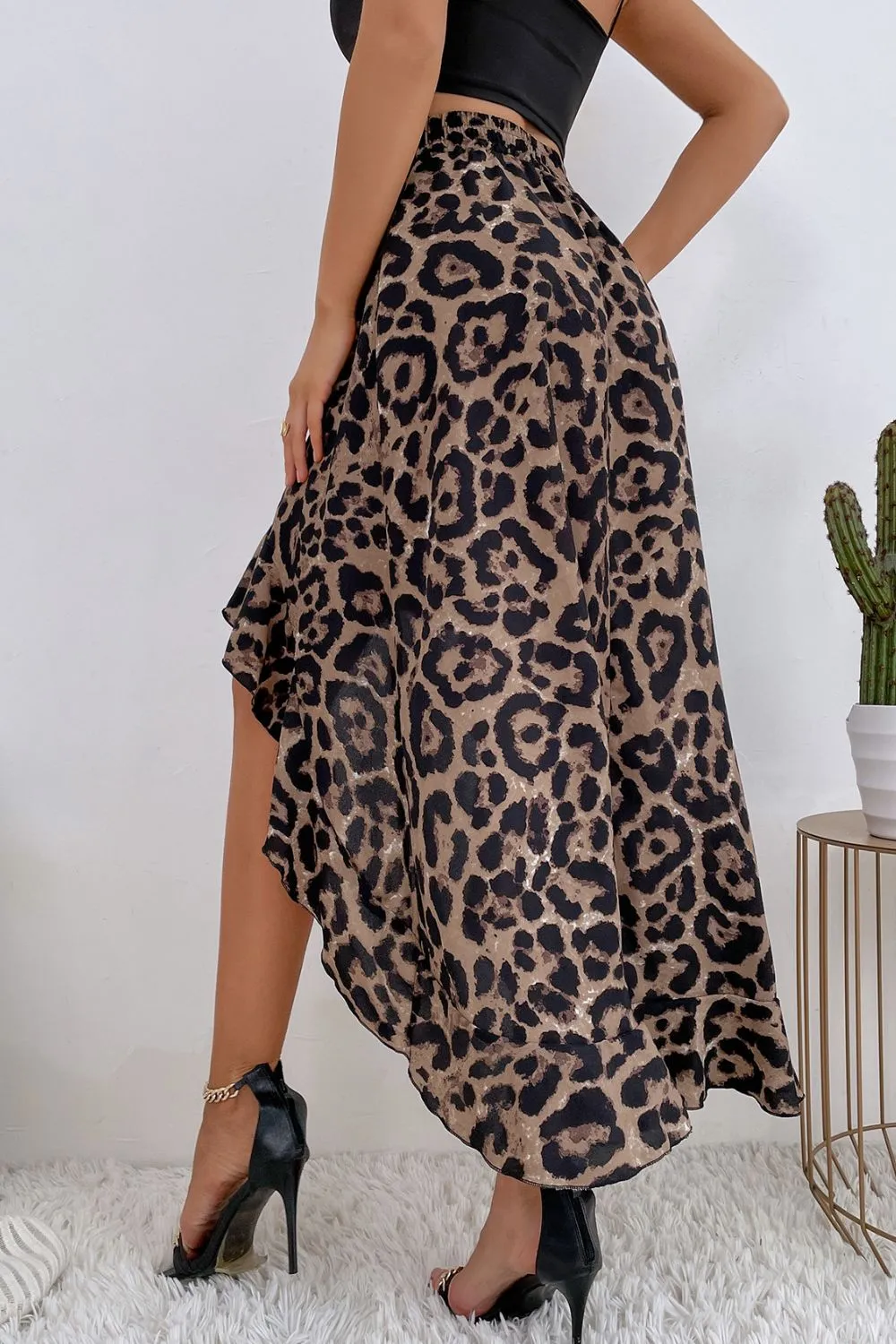 Animal Print Ruffle Hem High-Low Skirt