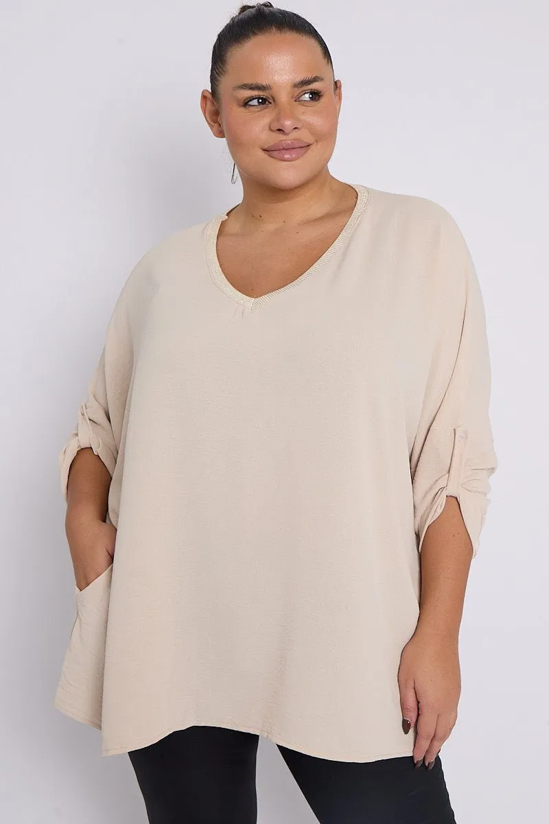 Anya PLUS SIZE Beige V Neck Contrast Trim 3/4 Turn Sleeves Top With Pockets