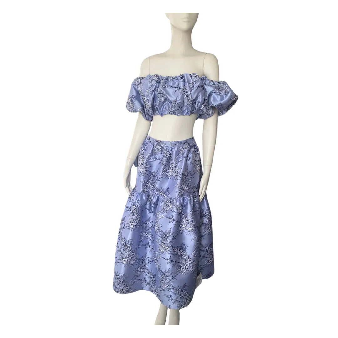 ASOS Floral Jacquard Crop Top & Midi Skirt Co-ord Blue SIZE 8