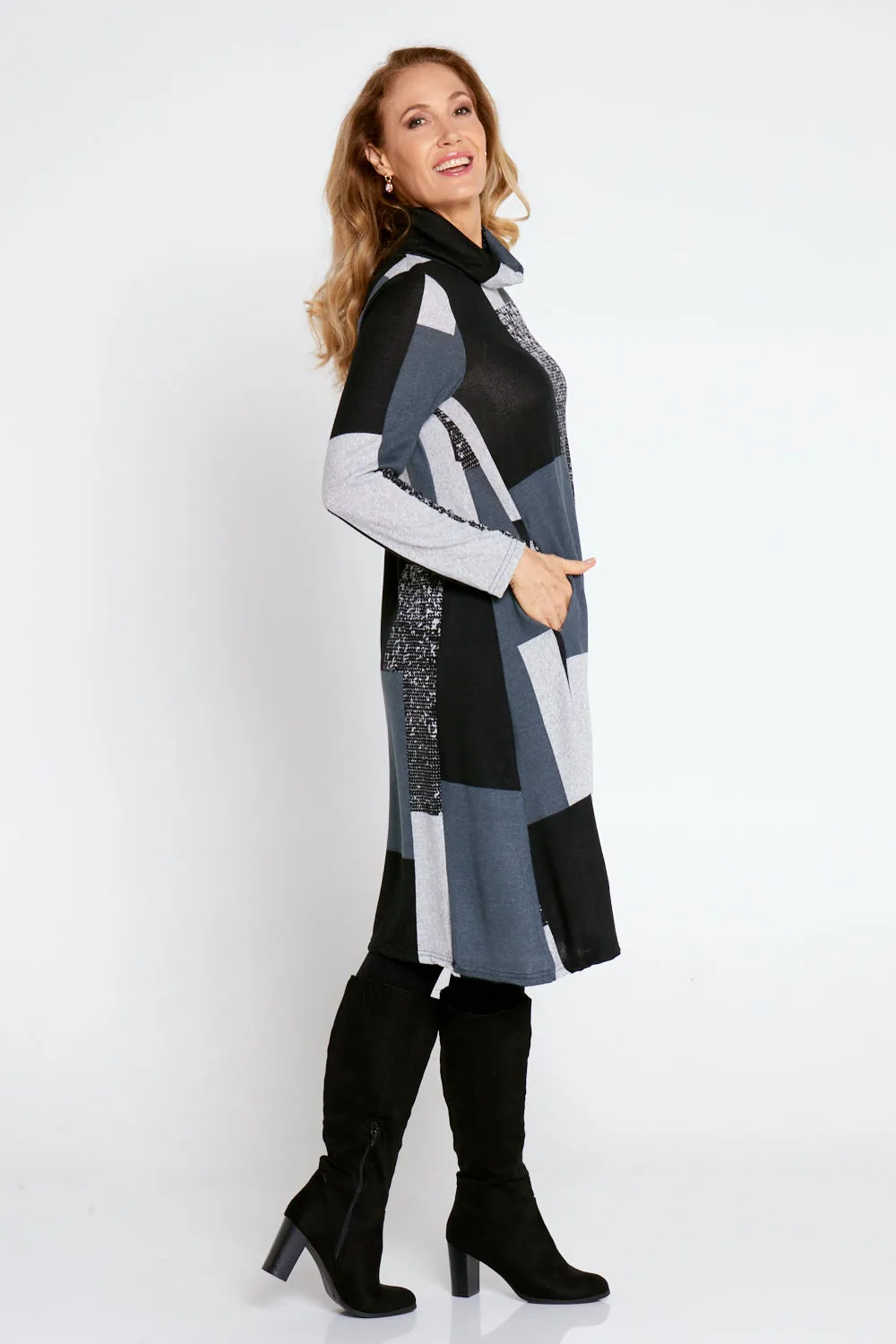 Astrid Tunic Dress - Charcoal Geo Patch