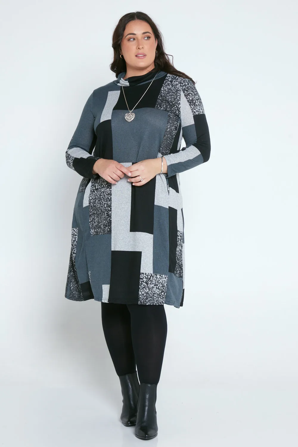 Astrid Tunic Dress - Charcoal Geo Patch