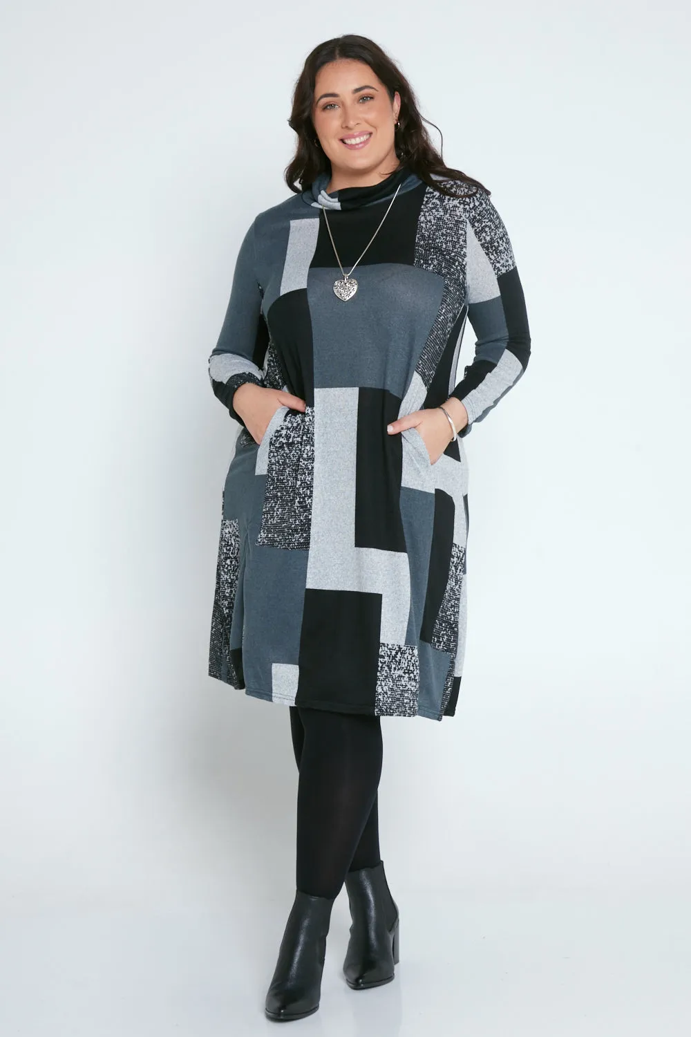 Astrid Tunic Dress - Charcoal Geo Patch