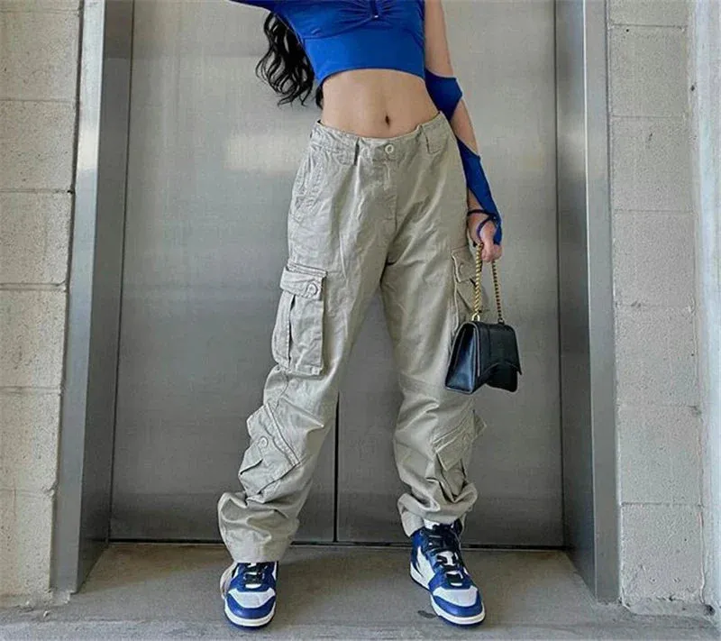 Baggy Cargo Low Waist Drawstring Joggers Sweat Bottom Loose Wide Punk Streetwear Y2k Pants