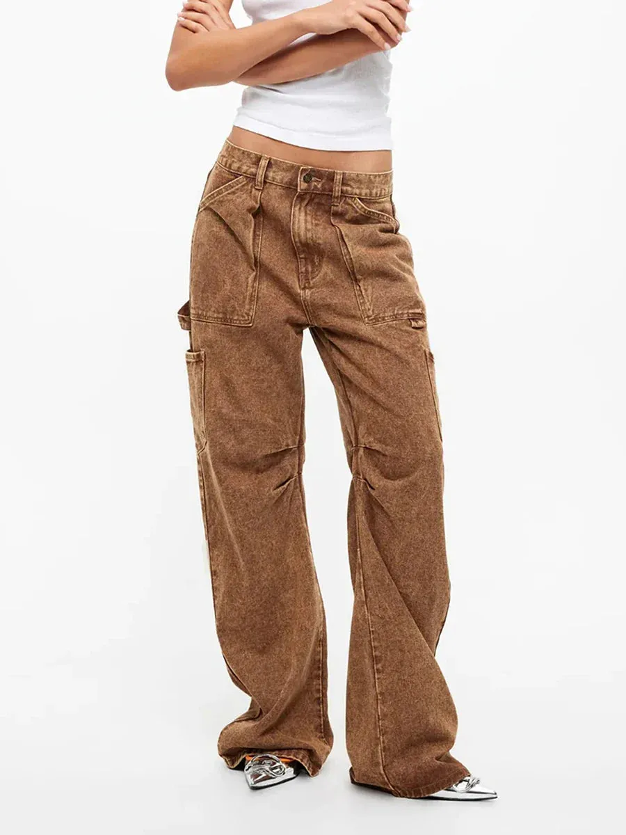 Baggy Straight Fall Trendy Lounge Cargo Pocketed Trousers High-Waisted Pants