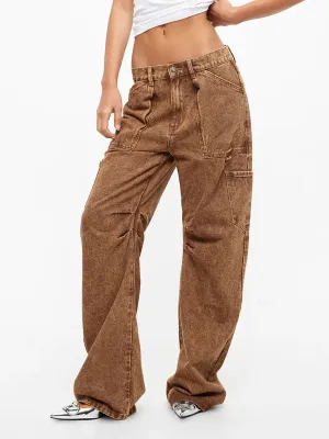 Baggy Straight Fall Trendy Lounge Cargo Pocketed Trousers High-Waisted Pants