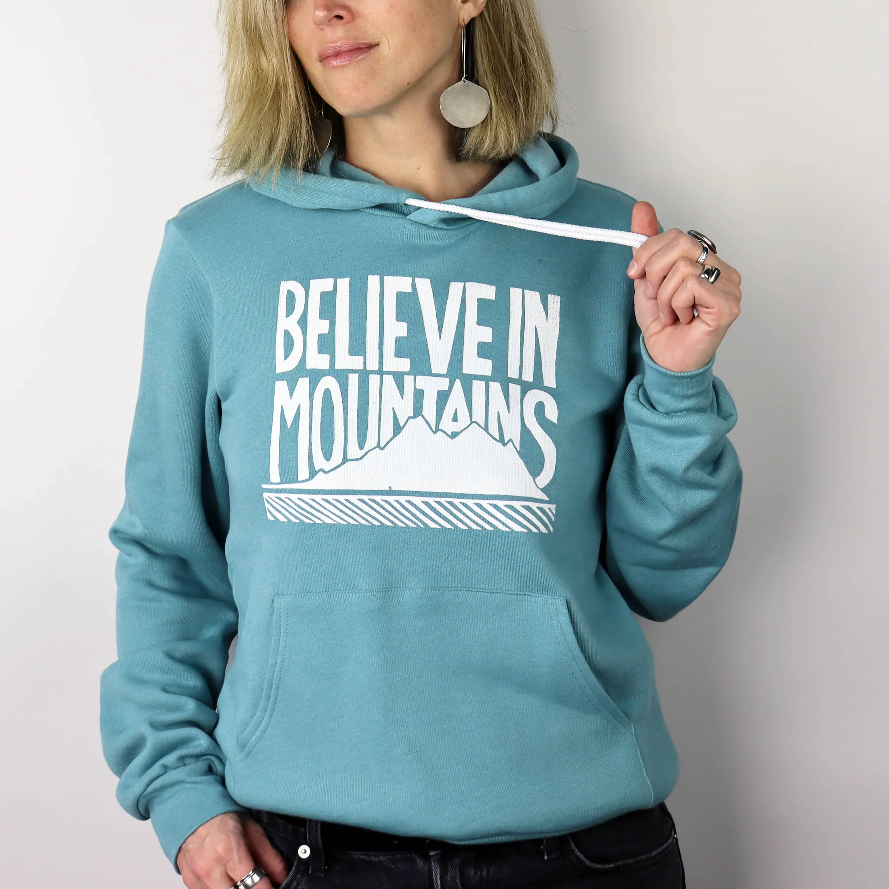 Believe in Mountains Unisex Pullover Hoodie in Glacier Blue