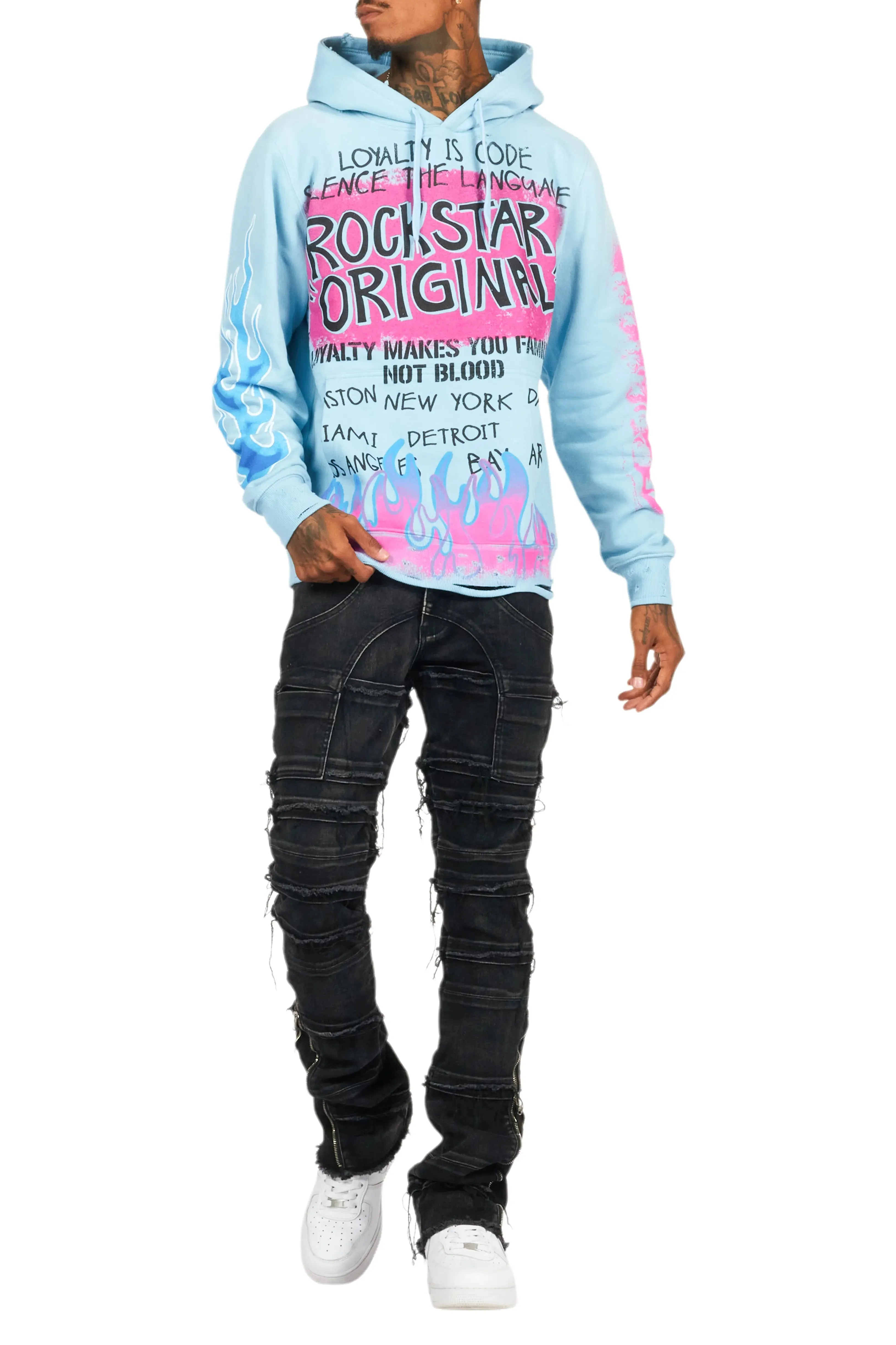 Beno Baby Blue Distressed Graphic Hoodie