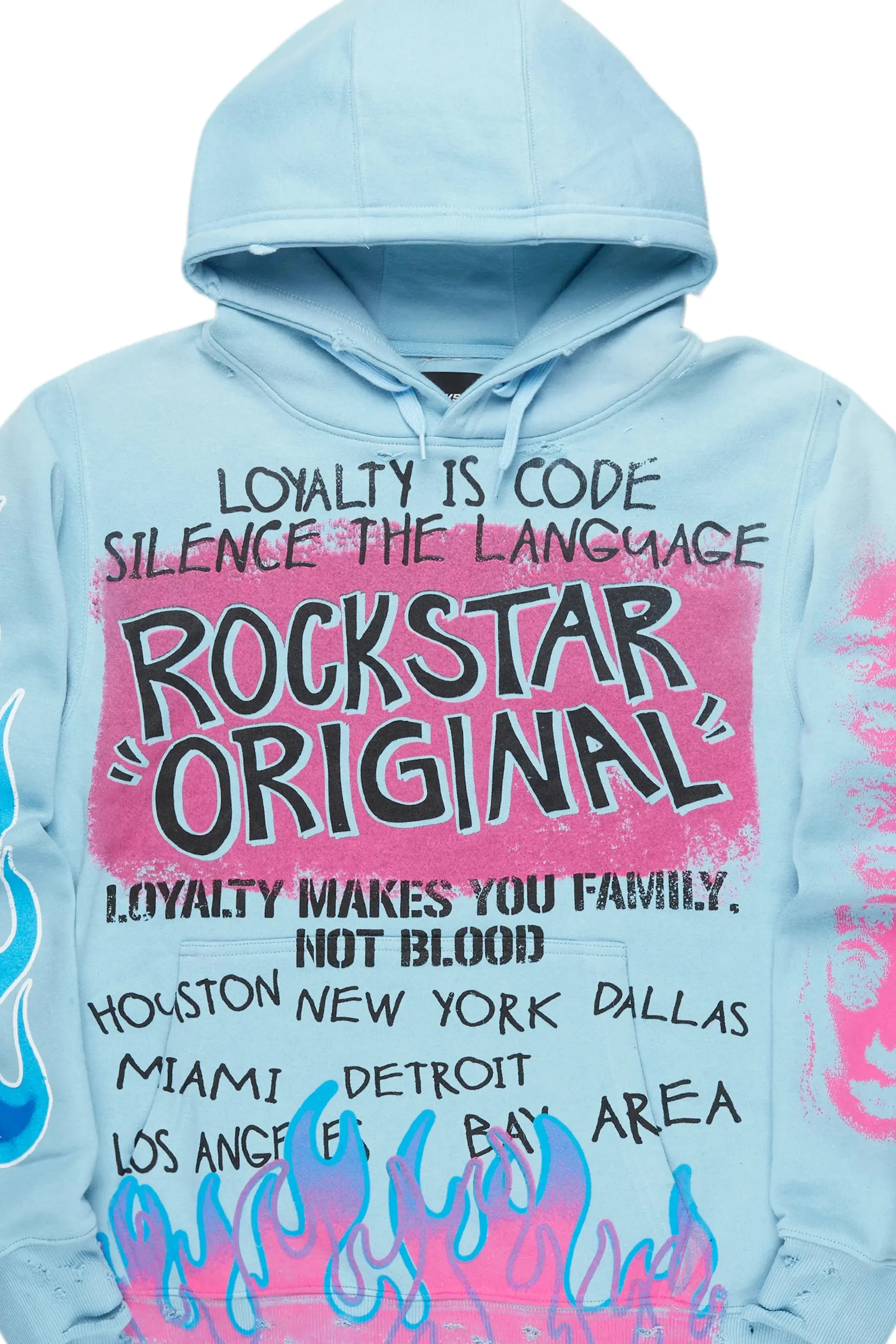 Beno Baby Blue Distressed Graphic Hoodie