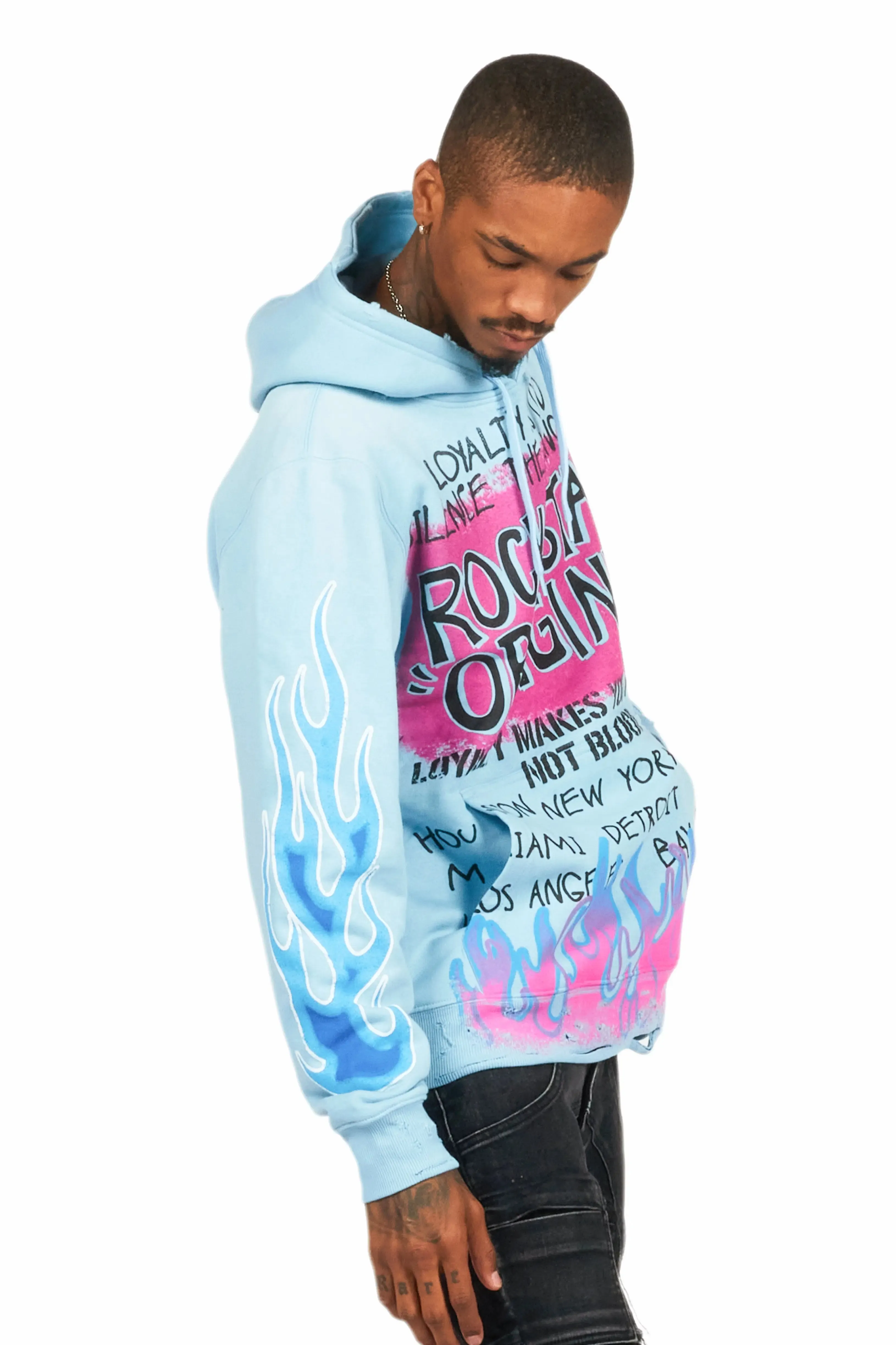 Beno Baby Blue Distressed Graphic Hoodie