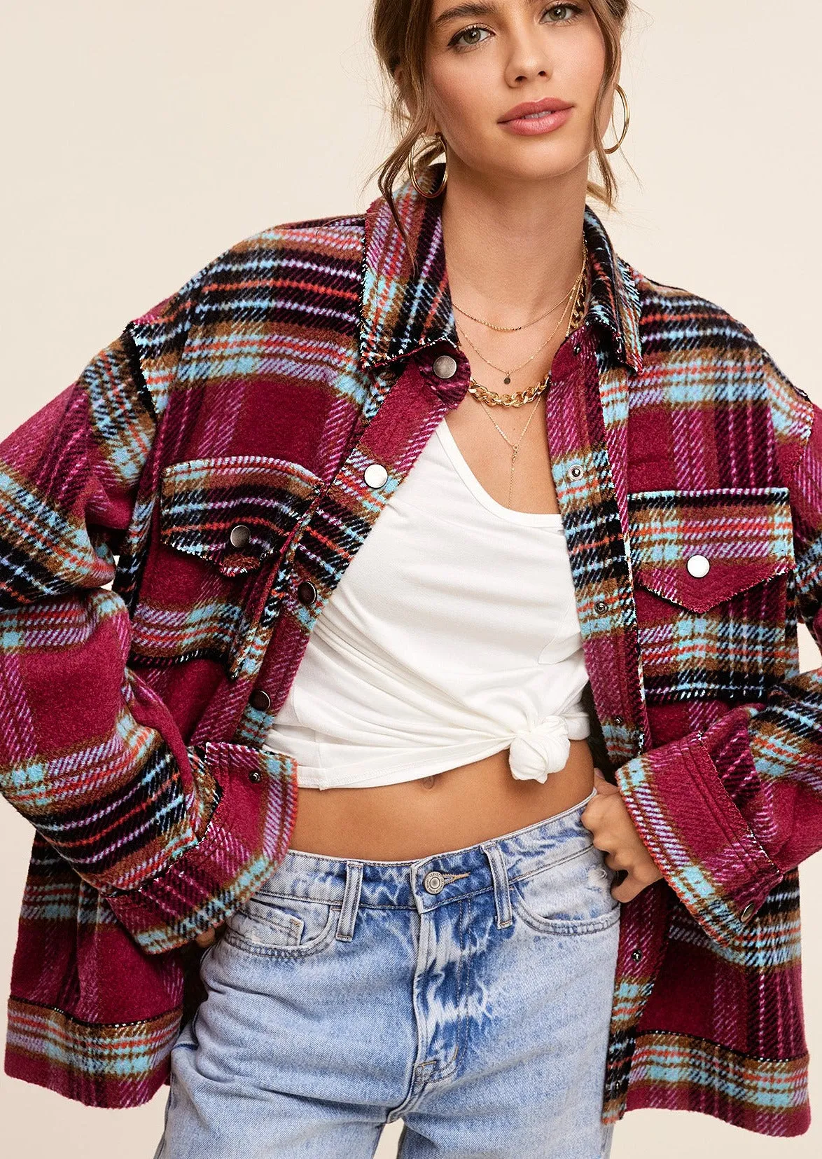 Berry Plaid Button Down Shacket Jacket