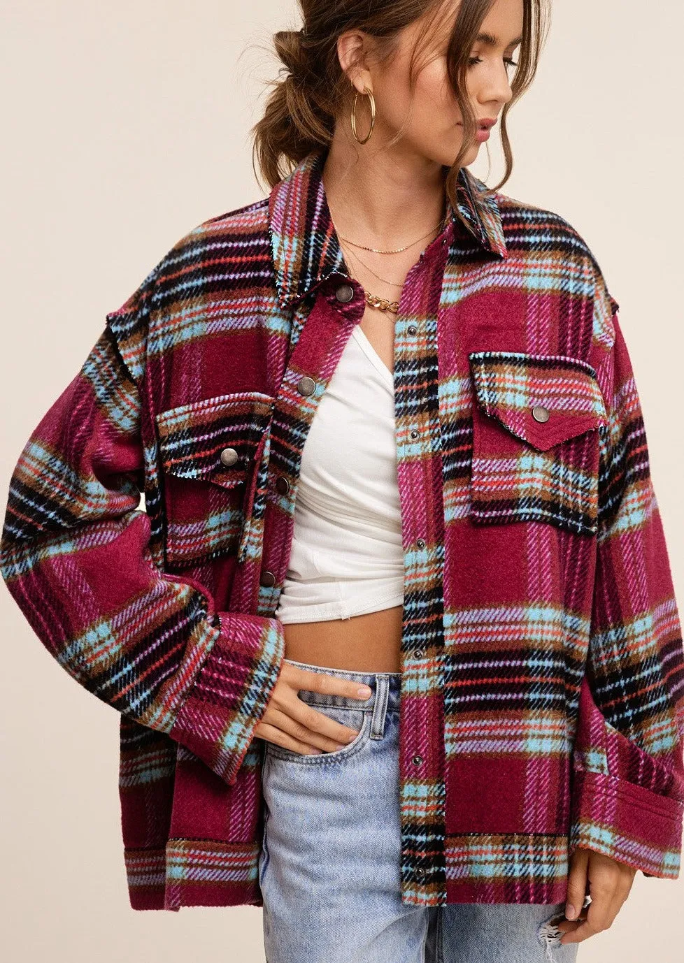 Berry Plaid Button Down Shacket Jacket