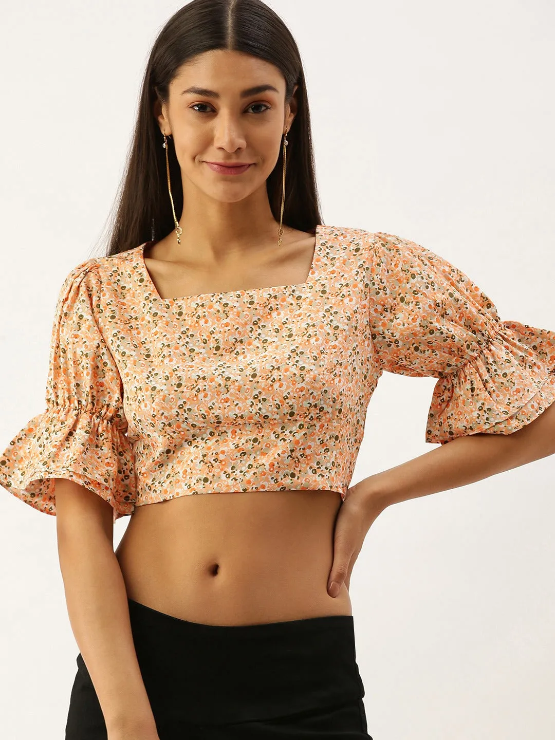 Berrylush Women Orange Square Neck Floral Printed Crop Top