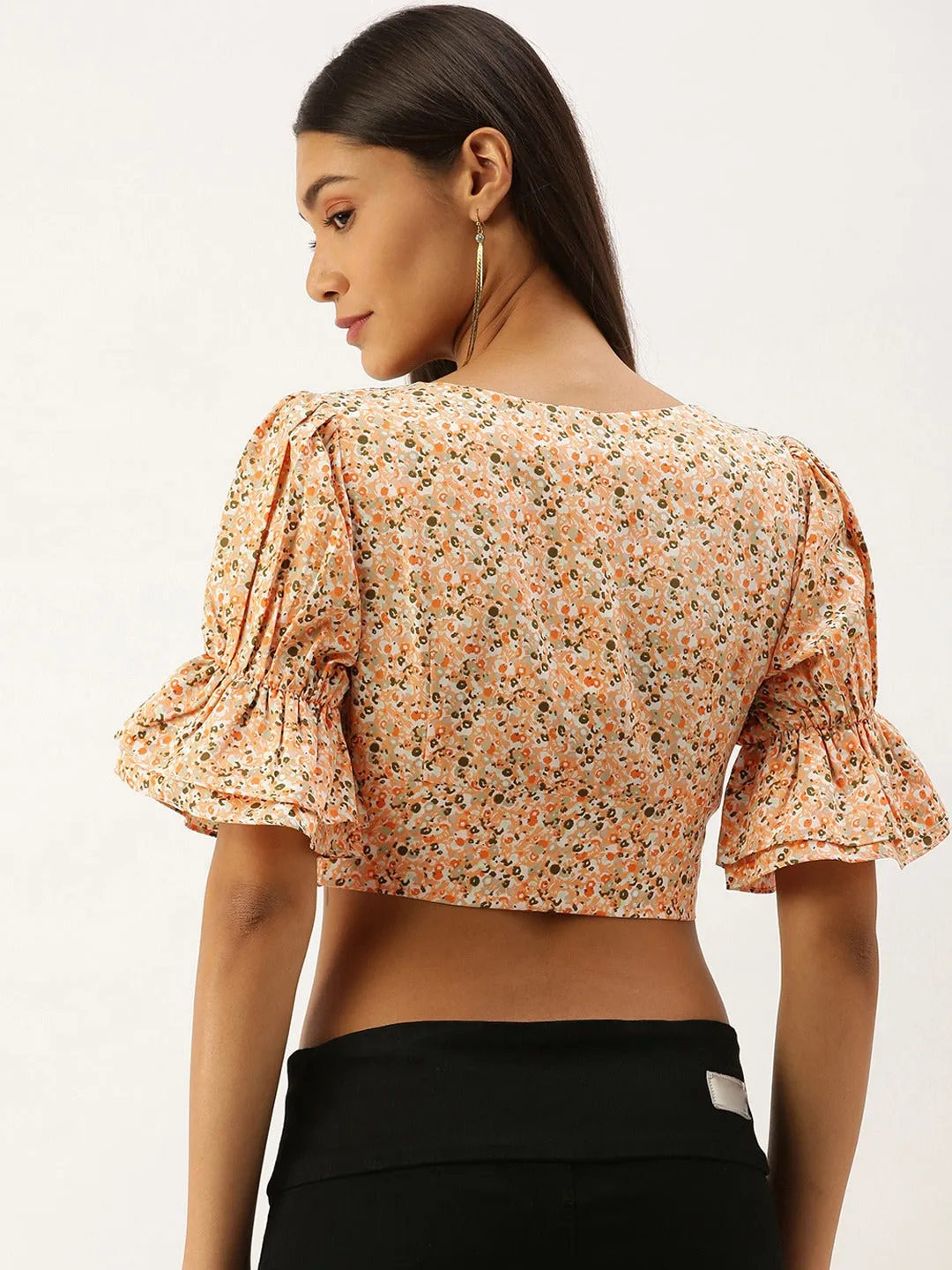 Berrylush Women Orange Square Neck Floral Printed Crop Top