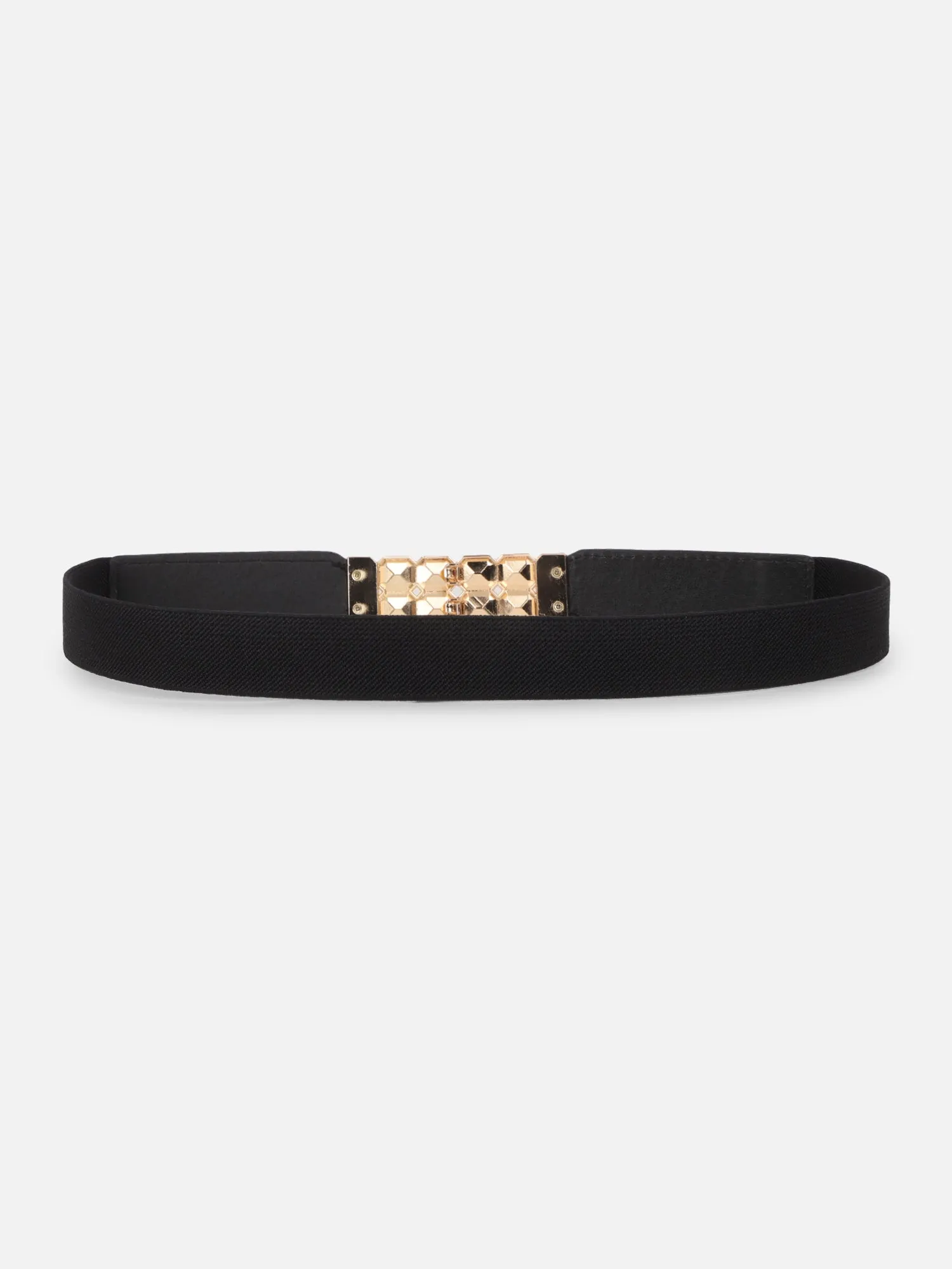 Berrylush Women Solid Black Golden Embellished Diamond Studded PU Nylon Interlock Regular Slim Belt