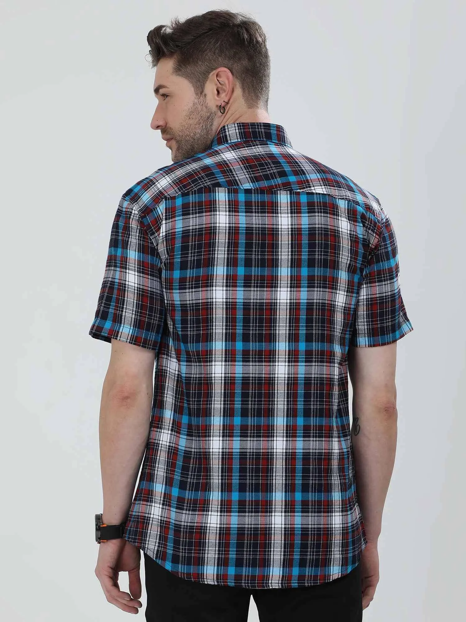 Black blue Red Checkered Half Shirt Men's Plus Size