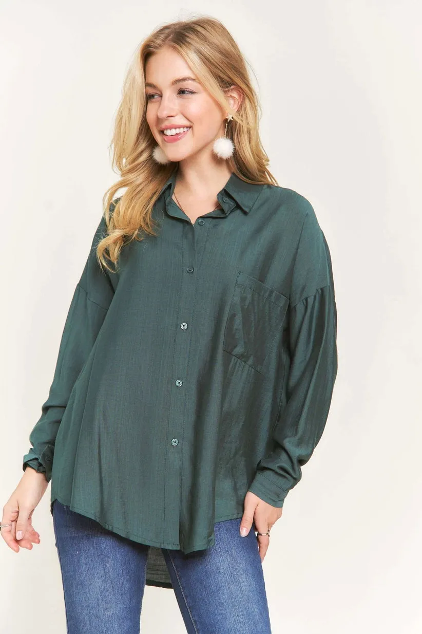 Blouse - Button Down Linen Shirt, Green