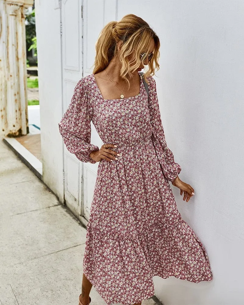 Boho Chic Square Collar Midi Dress