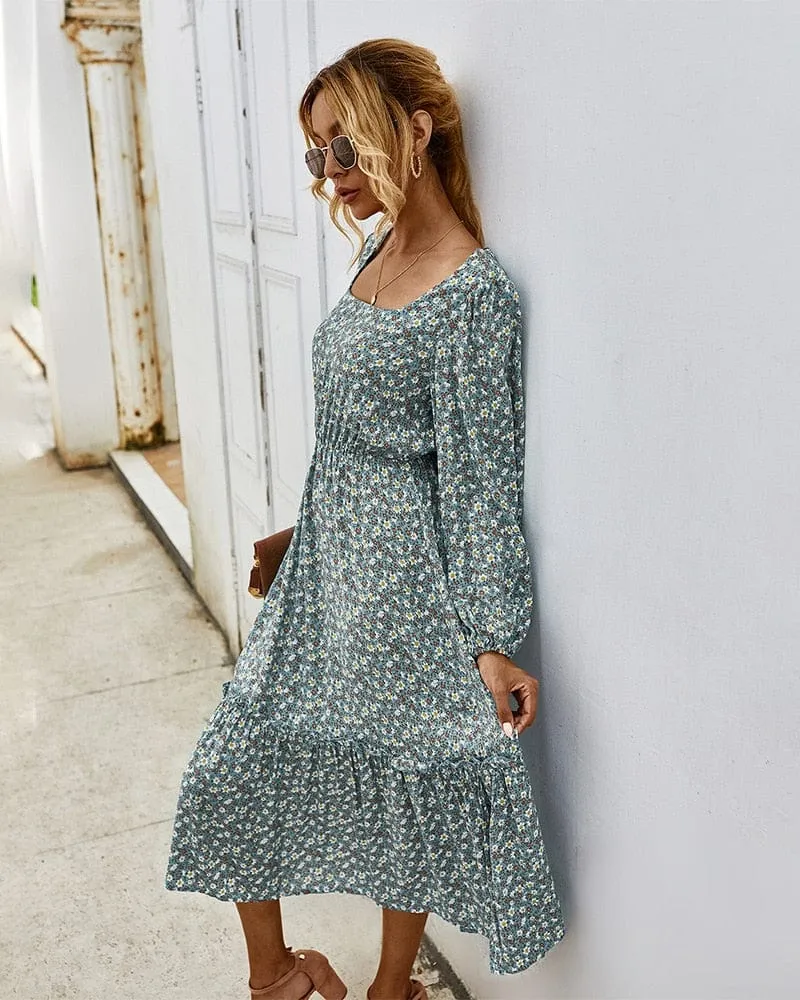 Boho Chic Square Collar Midi Dress