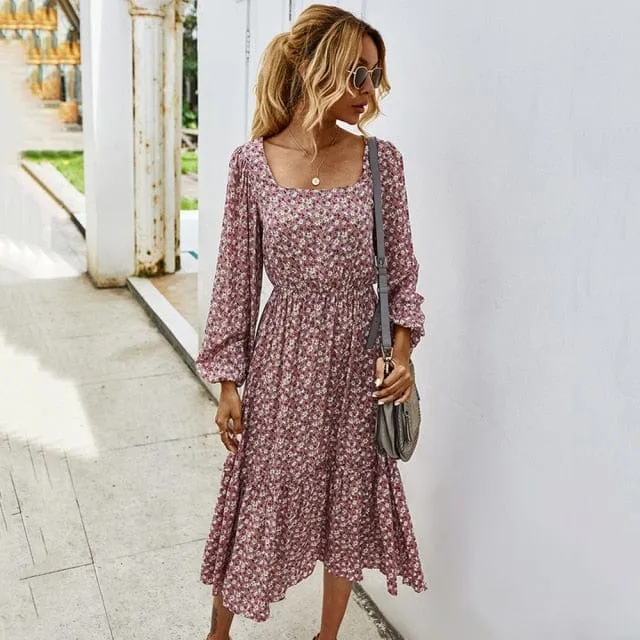 Boho Chic Square Collar Midi Dress