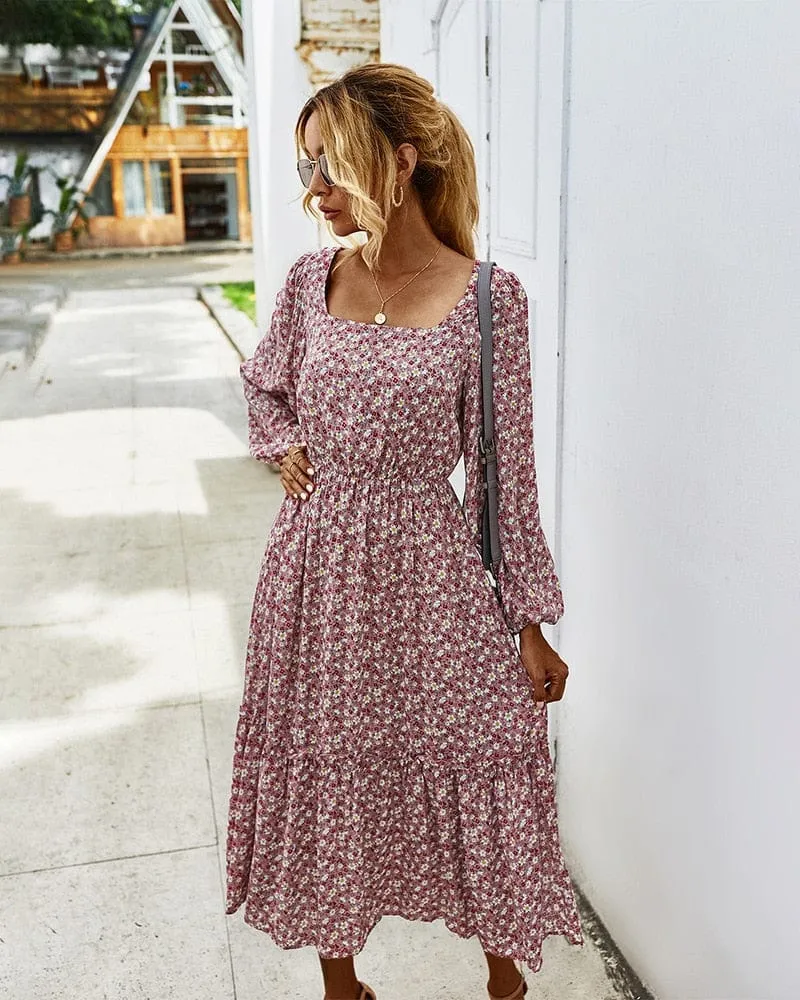 Boho Chic Square Collar Midi Dress