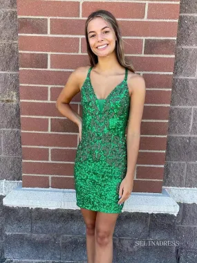 Bright Green Sequins Homecoming Dresses Bodycon Mini Cocktail Dresses #TKL018