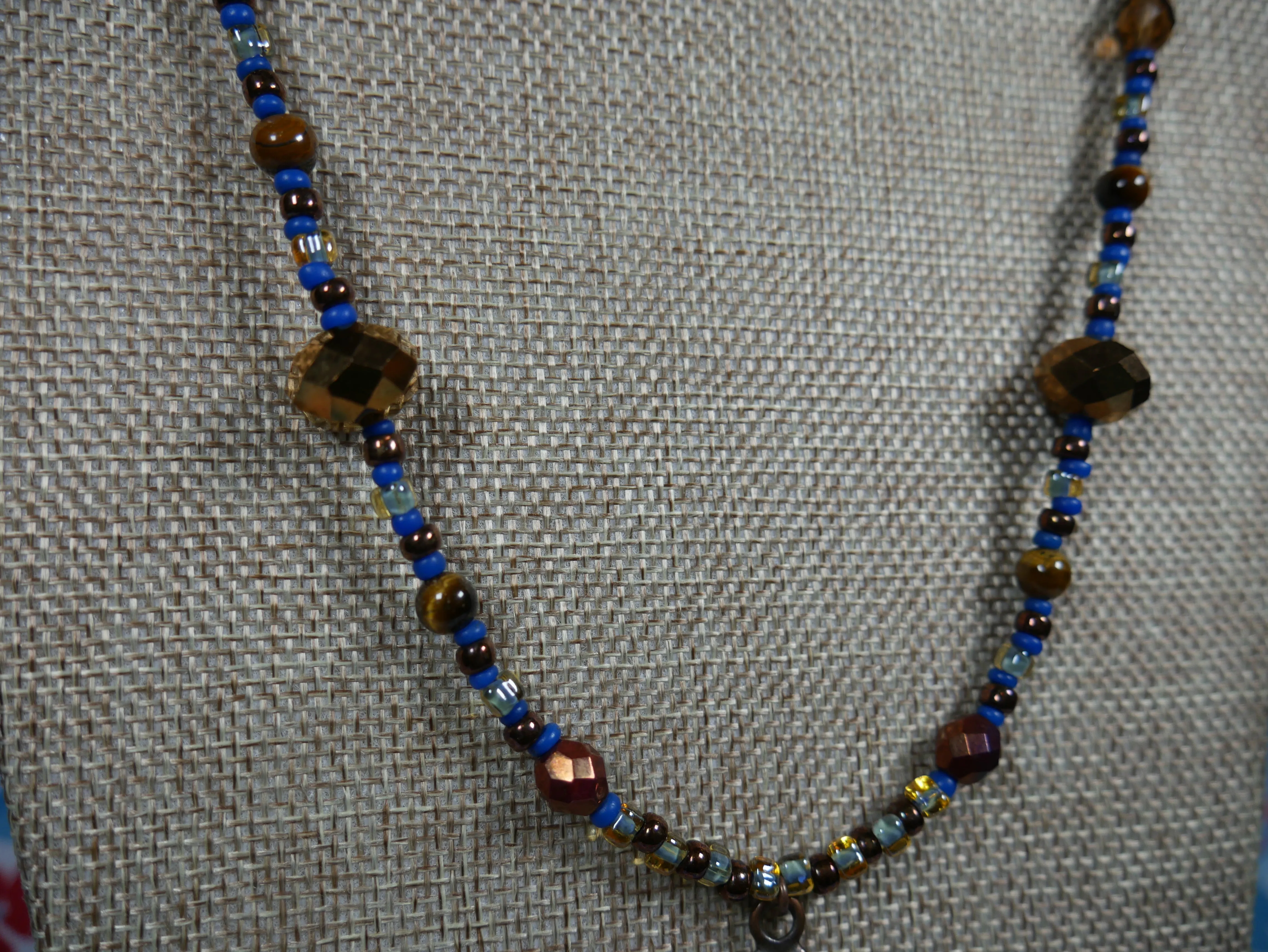 Bronze, Coppery, Brown and Blue Ocean-Themed Beaded Necklace with Tiger Eye and Seahorse Pendant