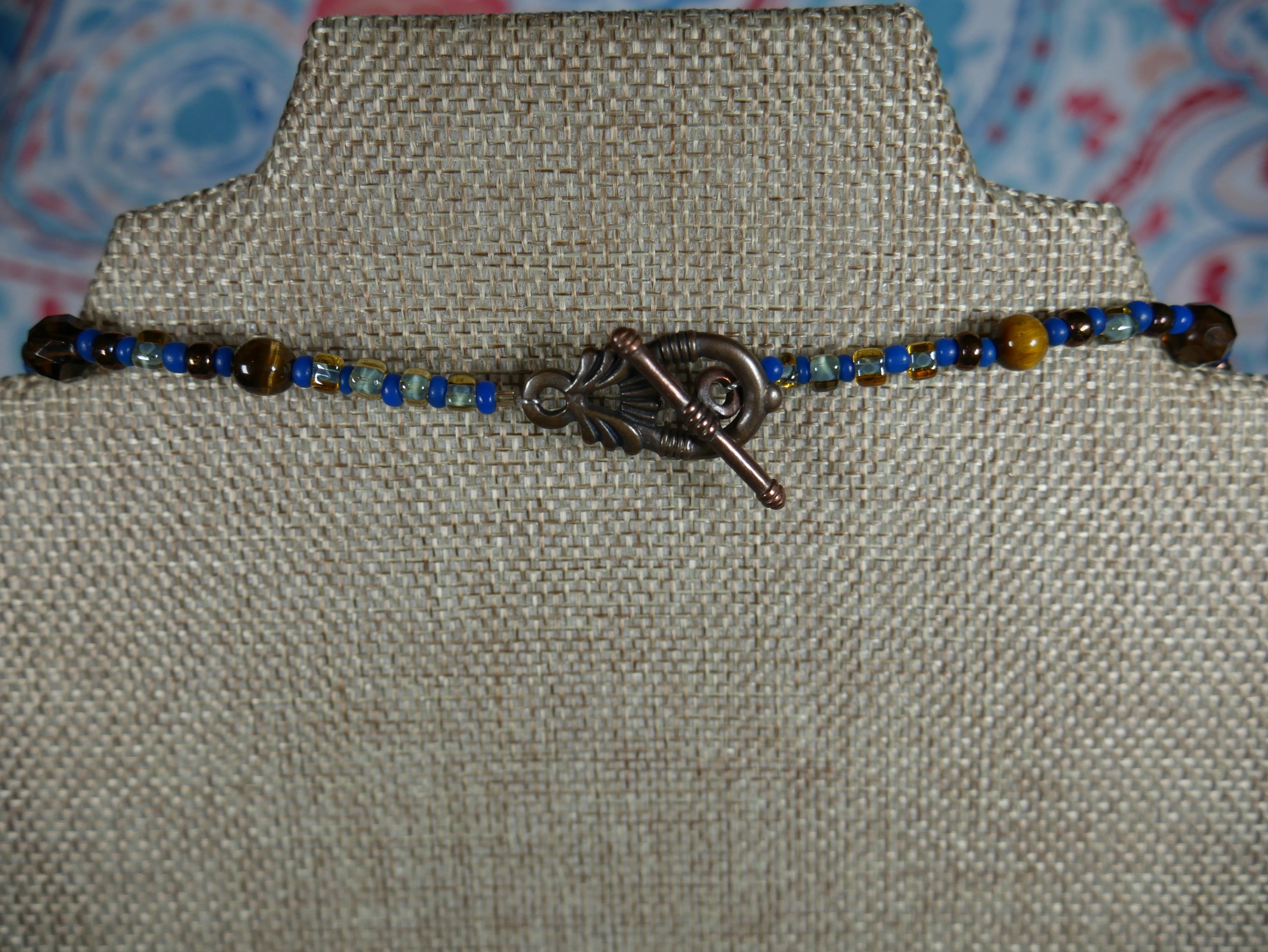 Bronze, Coppery, Brown and Blue Ocean-Themed Beaded Necklace with Tiger Eye and Seahorse Pendant