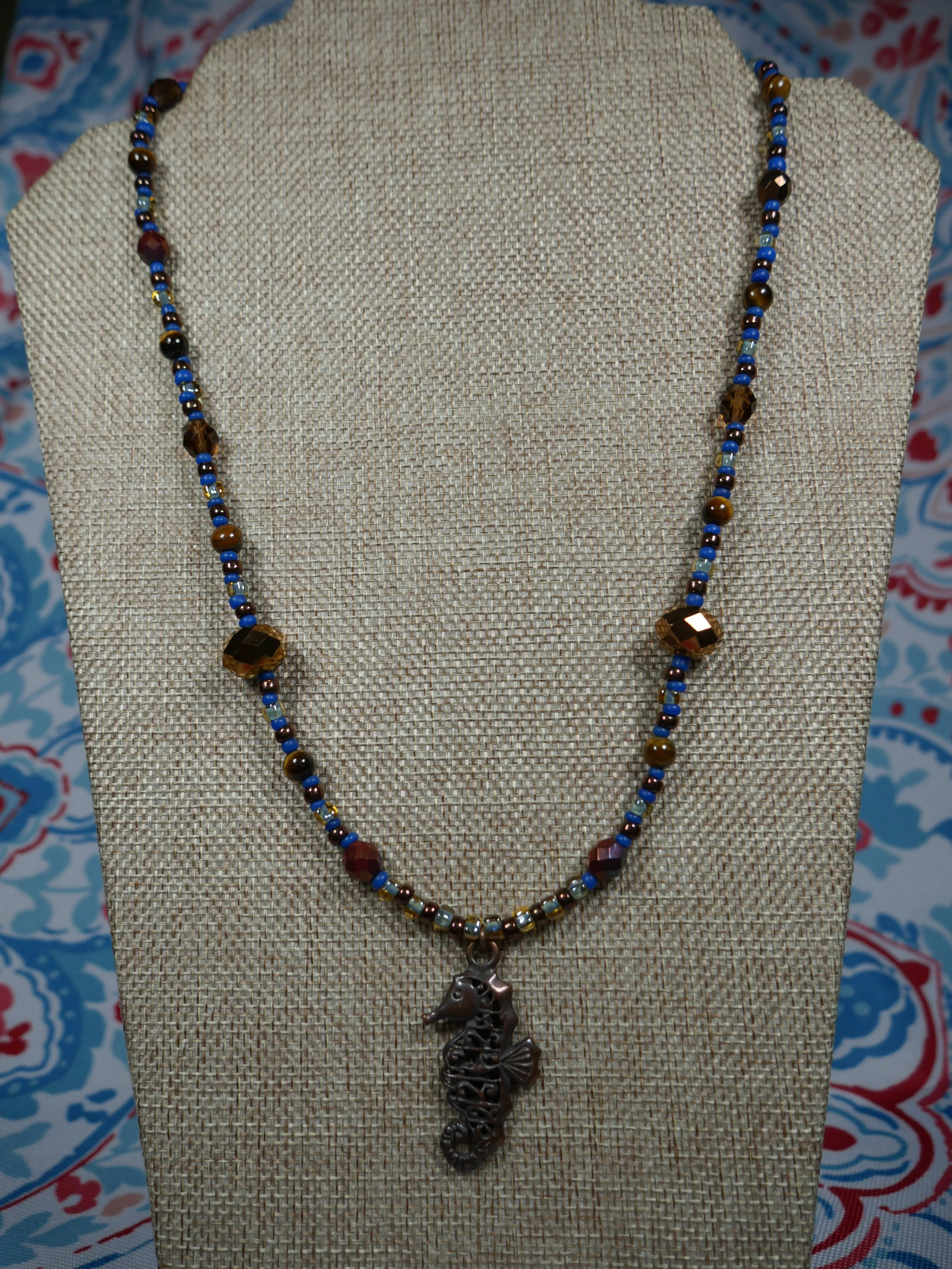 Bronze, Coppery, Brown and Blue Ocean-Themed Beaded Necklace with Tiger Eye and Seahorse Pendant